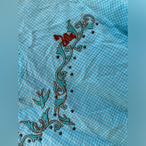 Vintage Western Shirt Cowgirl Southwestern Aqua Orange Country Top Festival - Picture 13 of 17